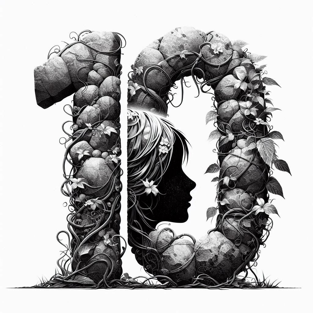Image of number 10, overlaid with vines, stones, and a girl's profile