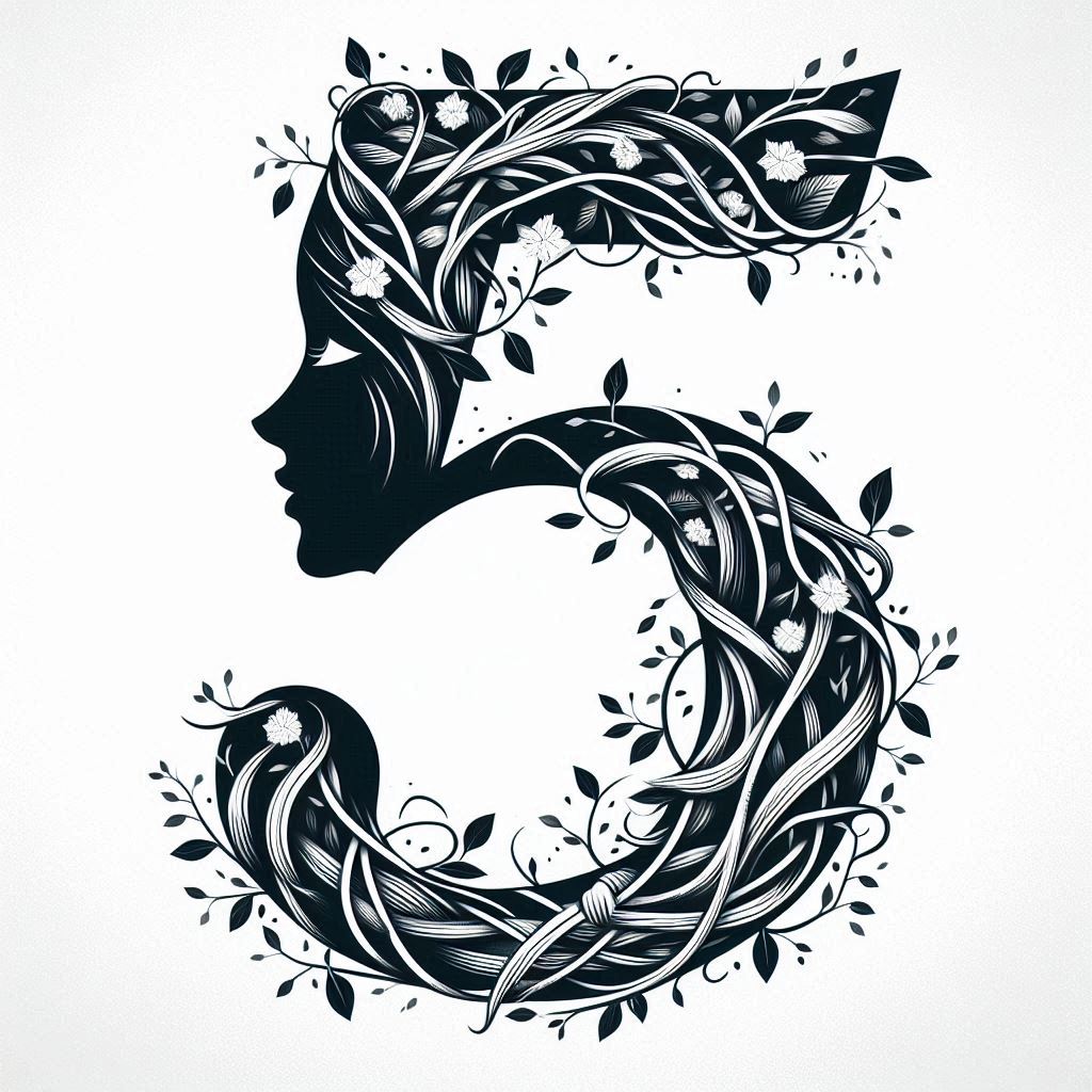 Image of number 5, overlaid with vines and a girl's profile