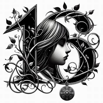 Image of number 16, overlaid with vines and a girl's profile