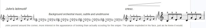 Generic clipart music bars with sample story text (screen reader friendly text follows this image) and basic musical terms (leitmotif; background orchestral music that is subtle and unobtrusive; crescendo).