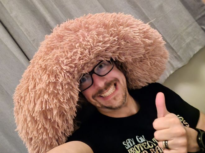 Mike's son Ben loves dog beds. Mike can never find a hat he likes. Voila.